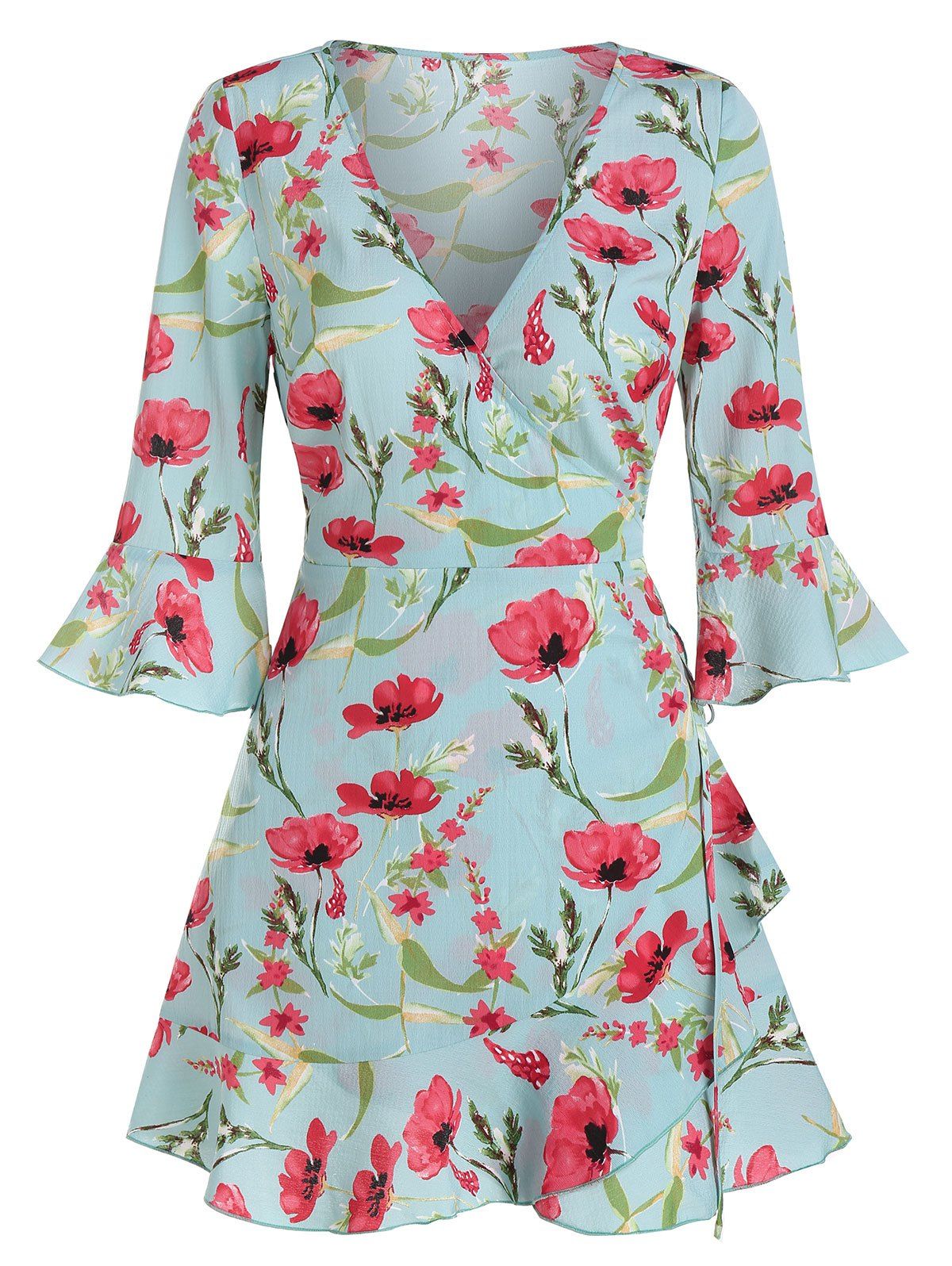 

Poet Sleeve Floral Print Wrap Dress, Cyan opaque