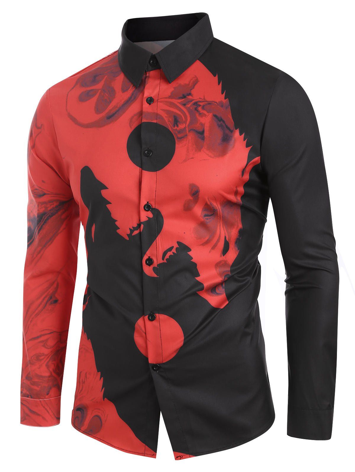 

Wolf Pattern Button Long Sleeves Shirt, Red