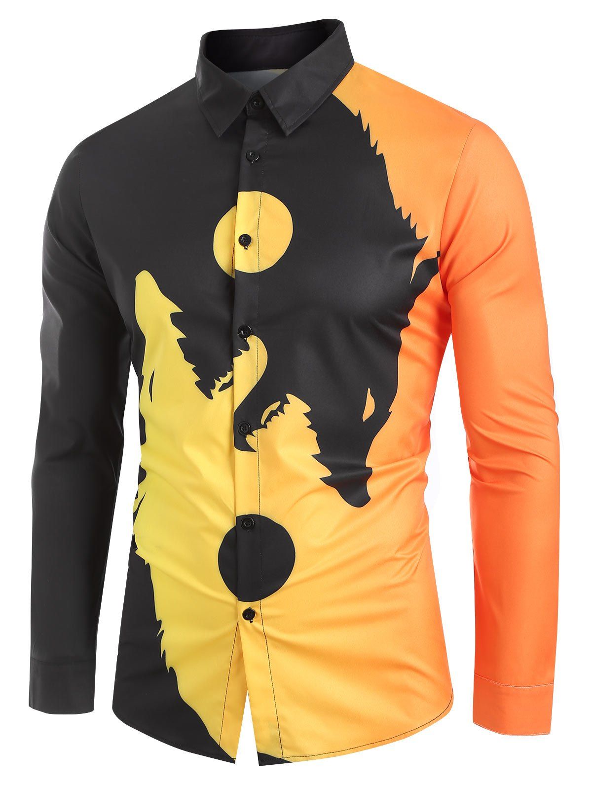 

Wolf Pattern Button Long Sleeves Shirt, Bee yellow