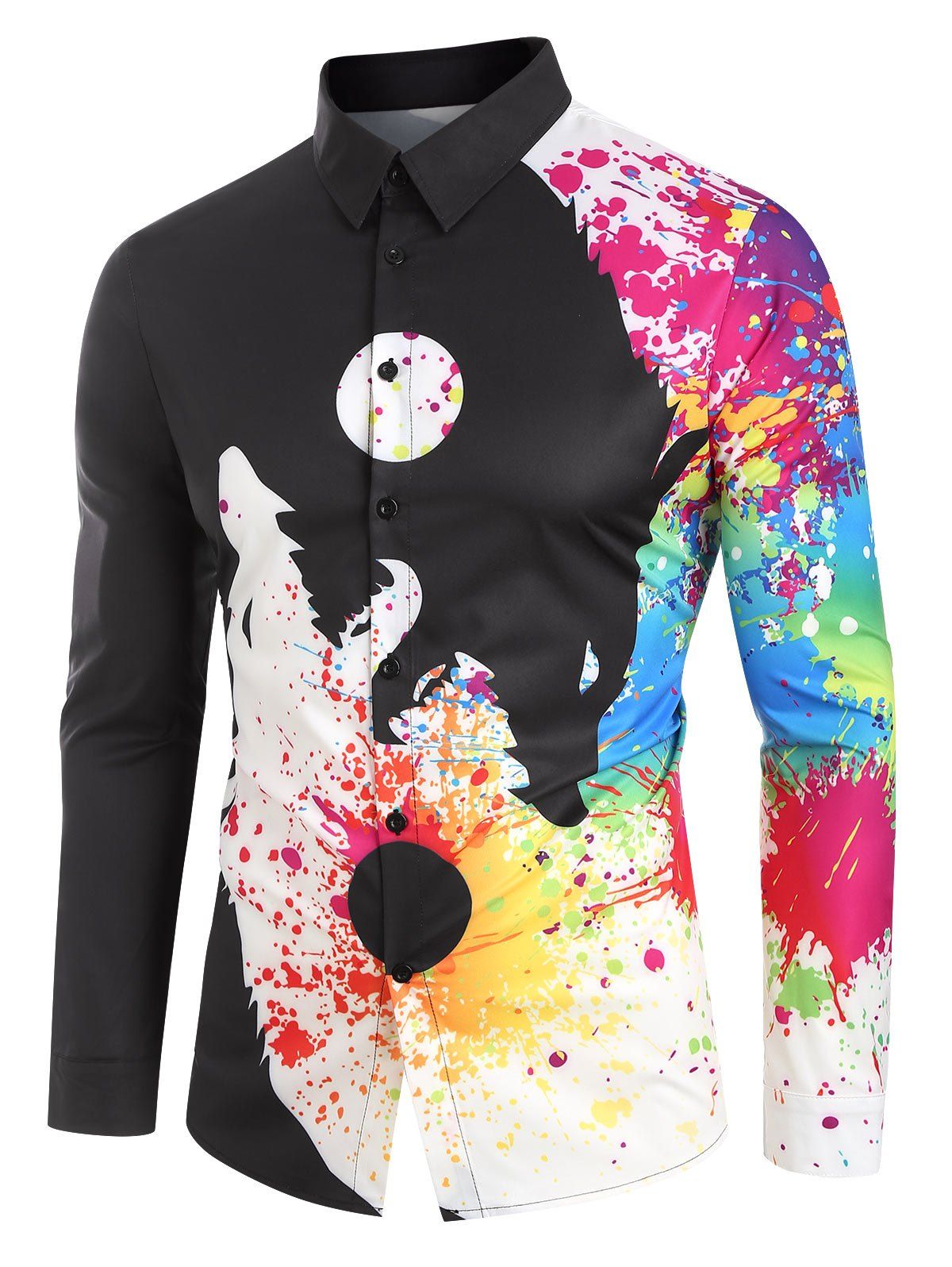 

Wolf Pattern Button Long Sleeves Shirt, Multi-a