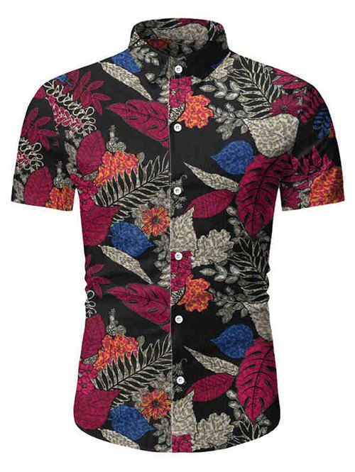 

Flower Leaf Printed Short Sleeves Button Shirt, Black