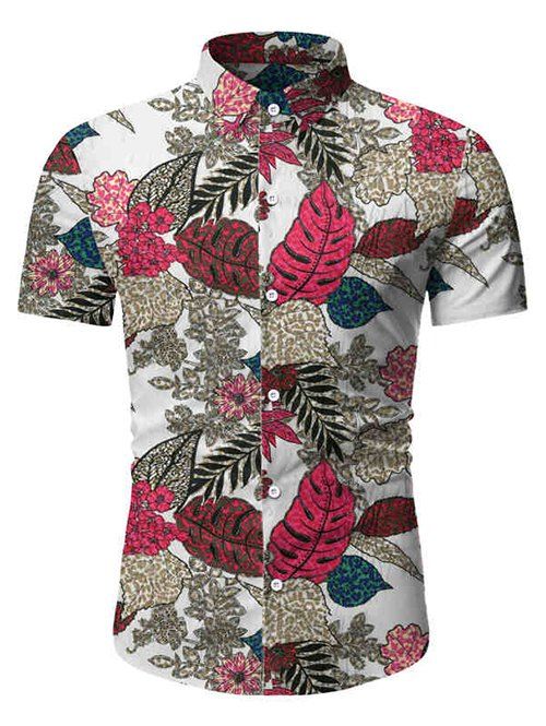

Flower Leaf Printed Short Sleeves Button Shirt, White