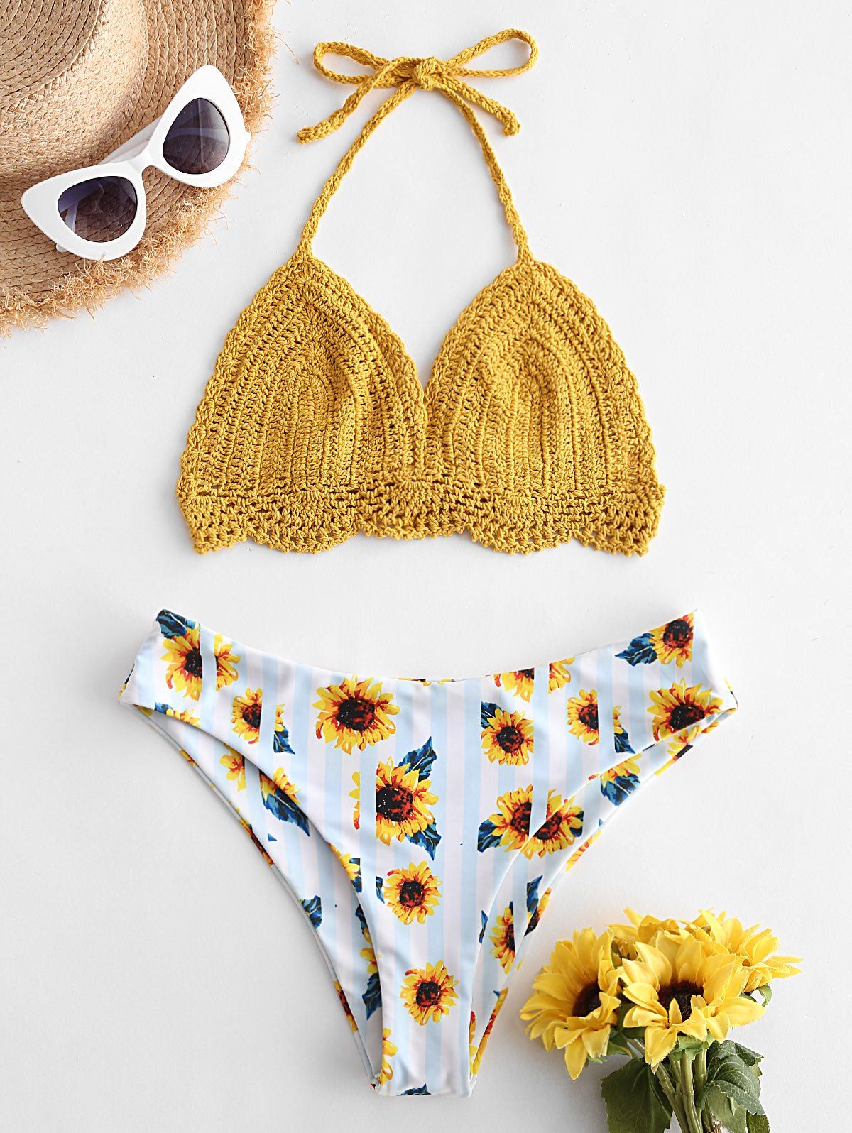 

Sunflower Striped Crochet Halter Bikini Swimwear, Golden brown