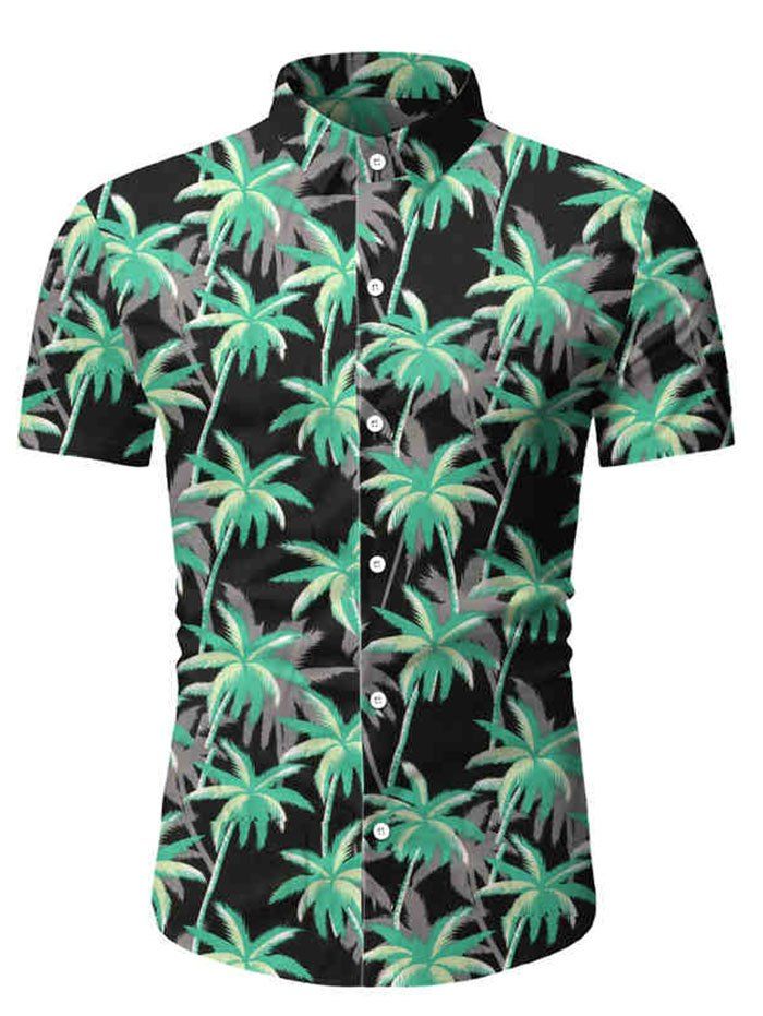 

Coconut Tree Print Button Short Sleeves Shirt, Black