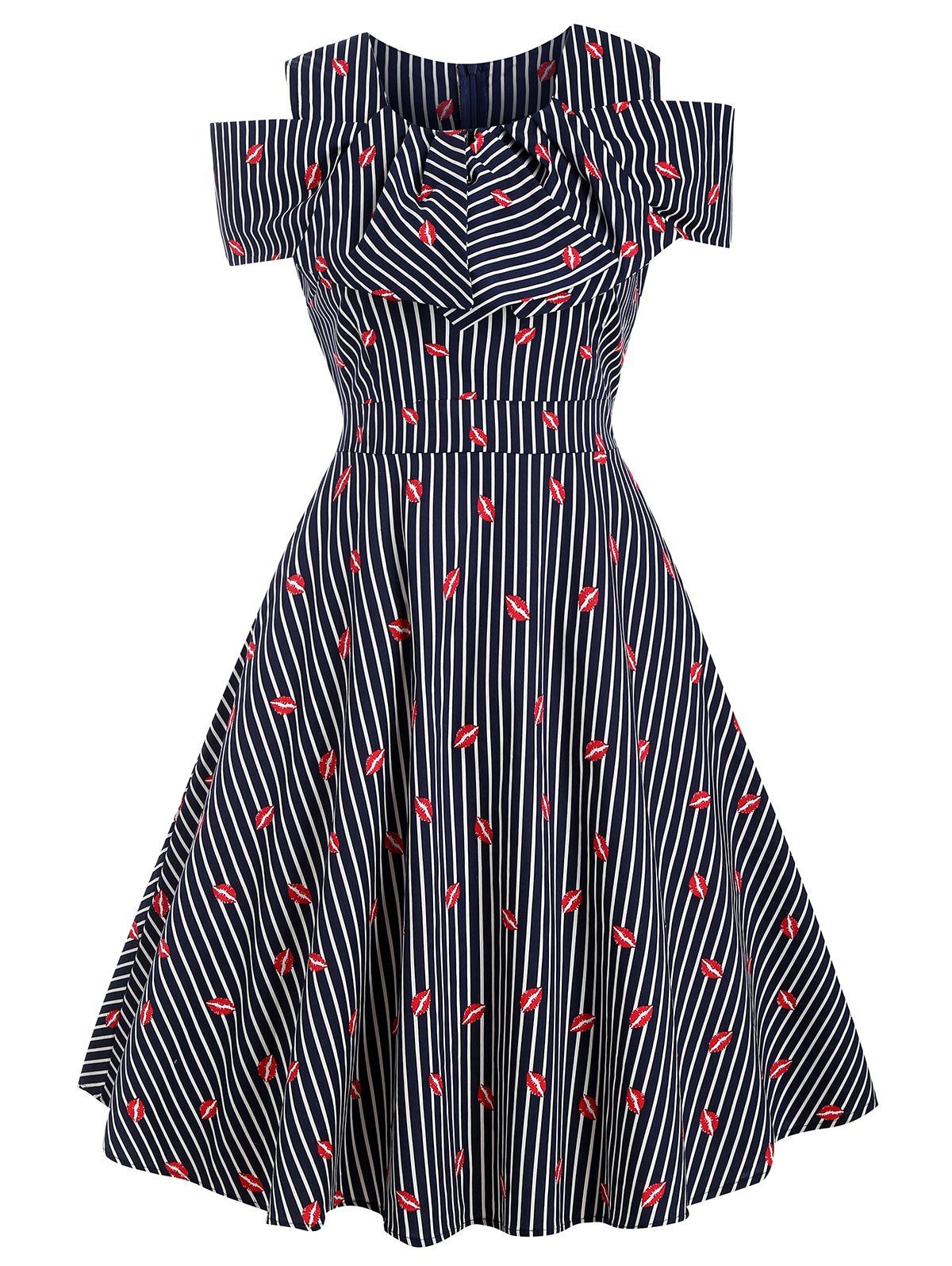 

Striped Lip Print A Line Vintage Dress, Dark slate blue