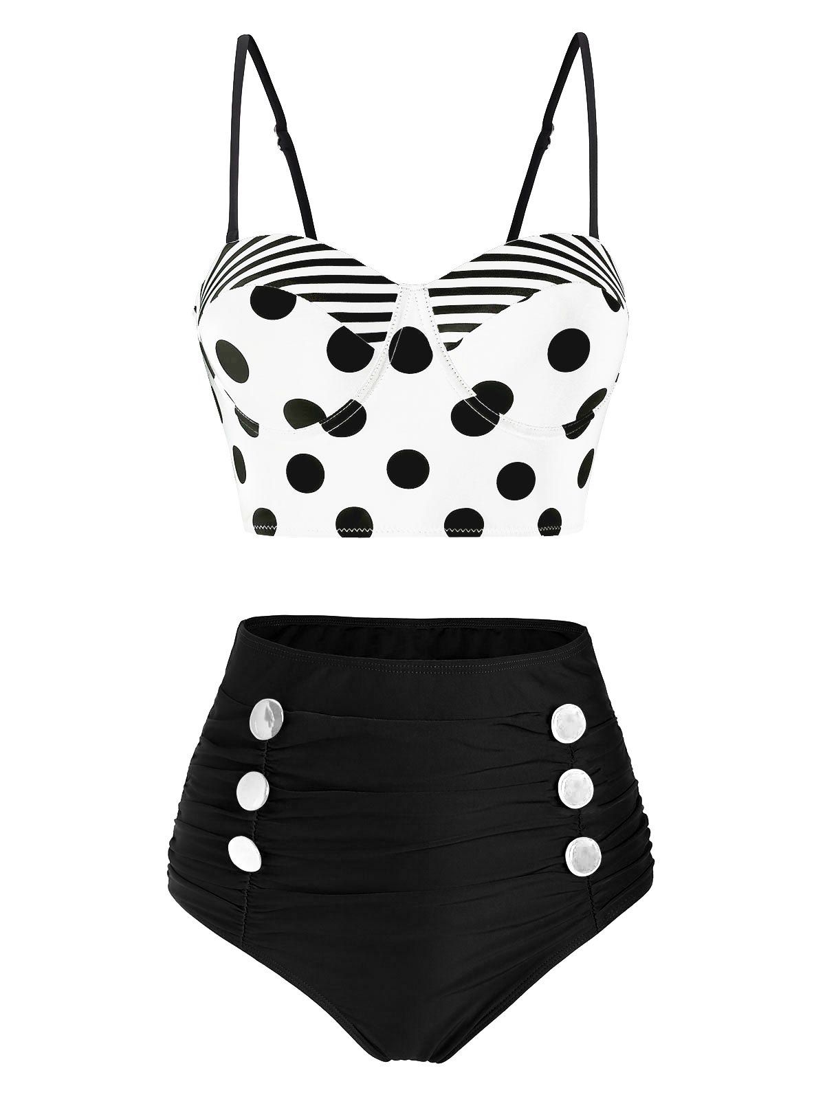 Polka Dot Striped Mock Button High Waisted Tankini Swimwear [53% OFF ...