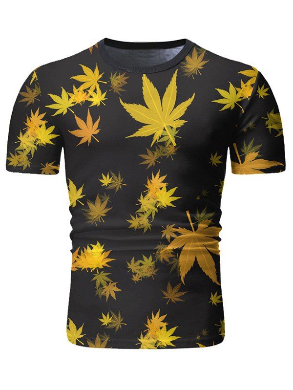 

Leaves Print Short Sleeve Casual T-shirt, Bee yellow