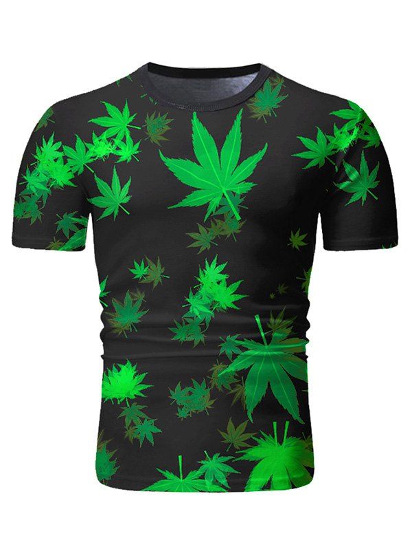 

Leaves Print Short Sleeve Casual T-shirt, Yellow green