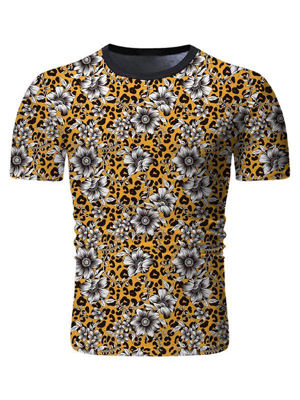Affordable Leopard Floral Print Crew Neck T Shirt  