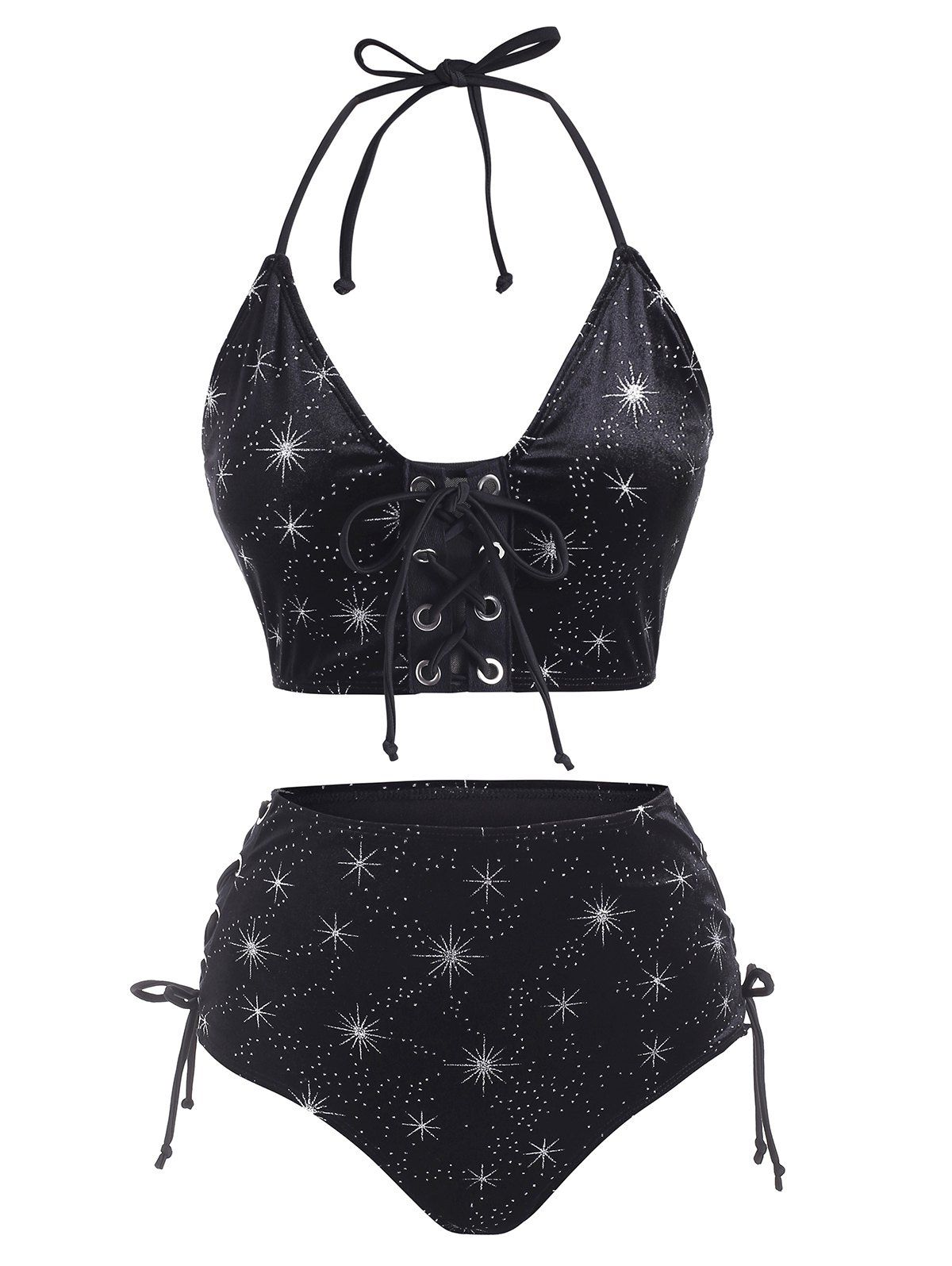 Lace Up Velvet Glitter Star Tankini Swimwear 30 Off Rosegal 7981