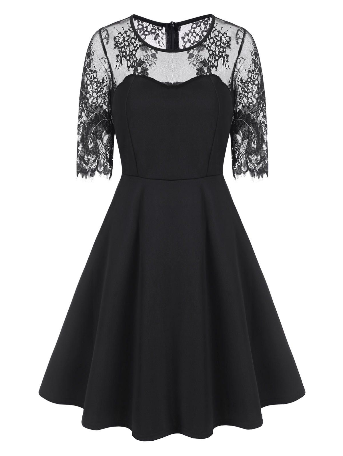 

Lace Panel Knee Length Prom Dress, Black