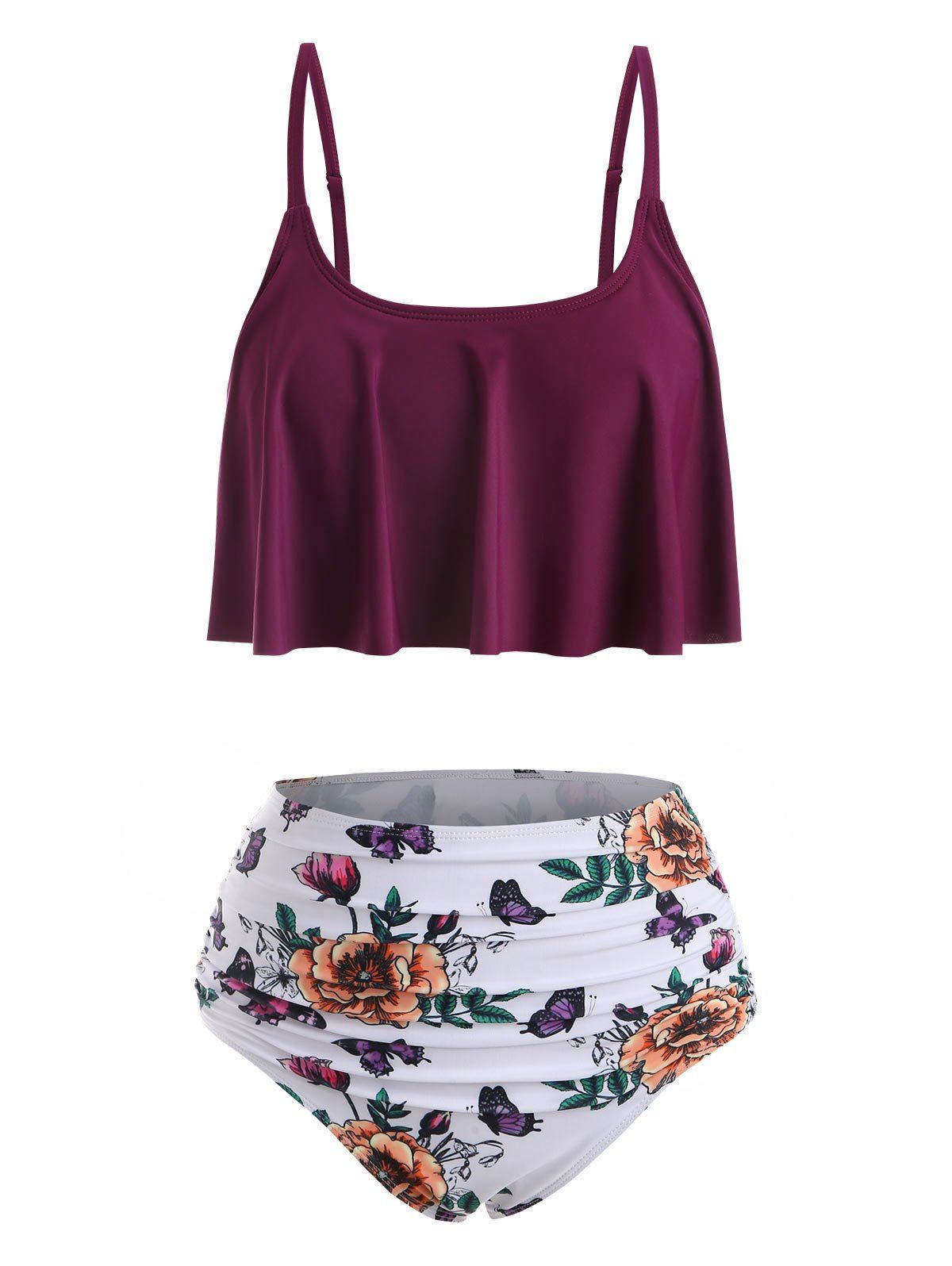 

Ruffled Floral Butterfly Print Tankini Swimwear, Maroon