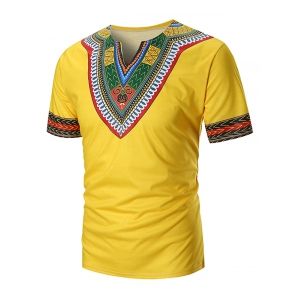 

Ethnic Chervon Printed Short Sleeves T Shirt, Yellow