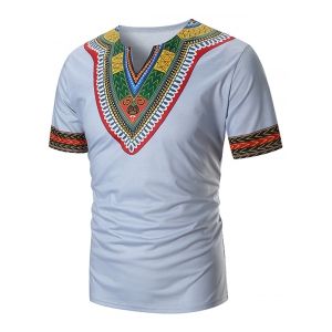

Ethnic Chervon Printed Short Sleeves T Shirt, Light gray