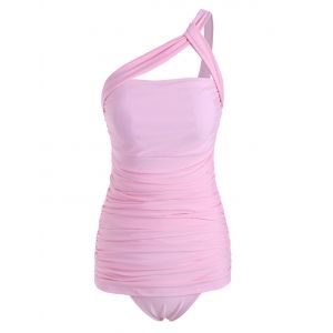 

One Shoulder Ruched Tankini Swimwear, Pig pink