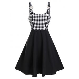 

Plaid Print Mock Button Rhinestone Vintage Dress, Black