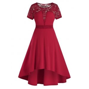 

Plus Size Lace Panel High Waisted Sheer A Line Dress, Red wine