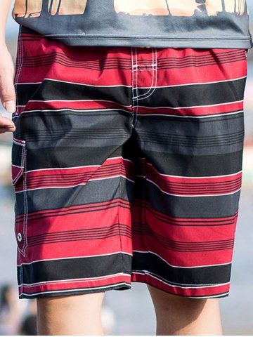 

Flap Pocket Striped Drawstring Swimming Beach Shorts, Red
