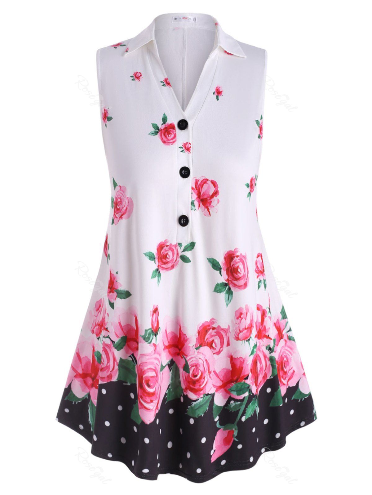 

Sleeveless Half Buttoned Floral Plus Size Top, White