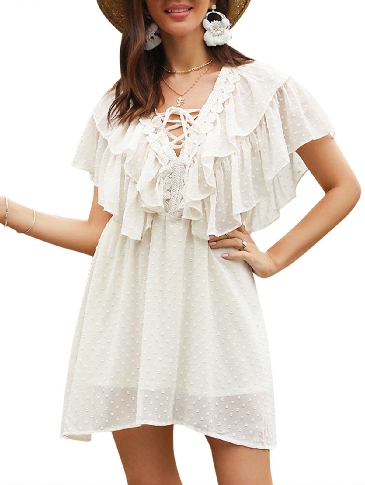 

Ruffled Lace Up Dobby Asymmetric Mini dress, Beige