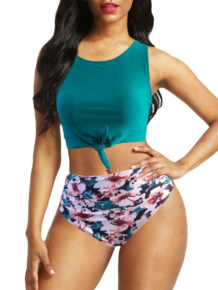 

Knot Floral Striped Ruched Tankini Swimwear, Macaw blue green