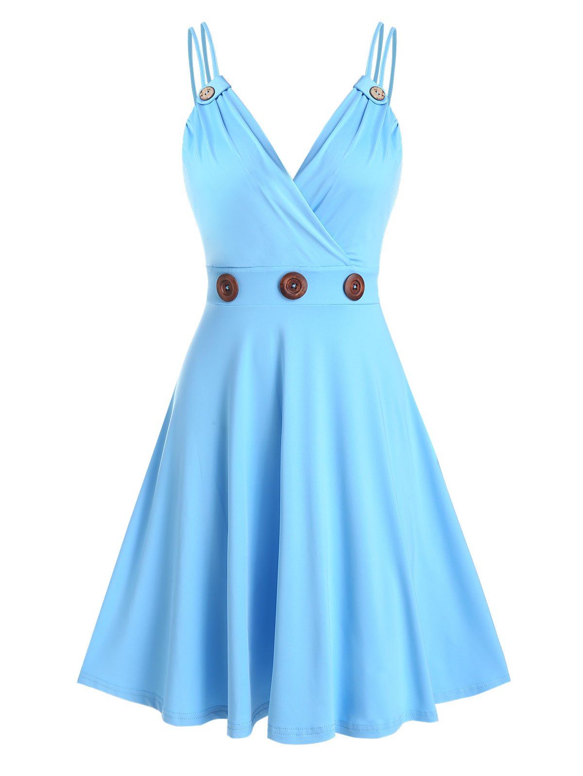 

Mock Button Strappy Flare Dress, Light blue