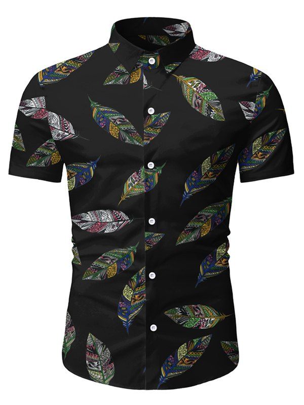

Tribal Leaf Print Short Sleeve Beach Shirt, Black