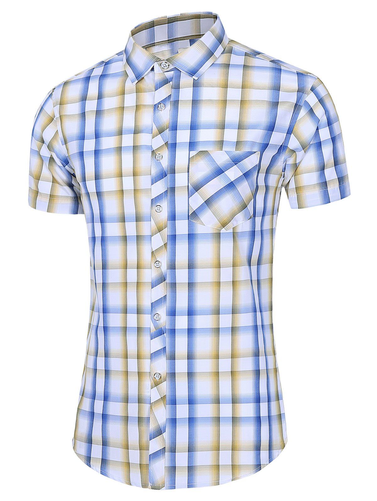 

Short Sleeve Plaid Pocket Casual Shirt, Sun yellow