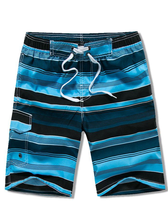 

Flap Pocket Striped Drawstring Swimming Beach Shorts, Blue