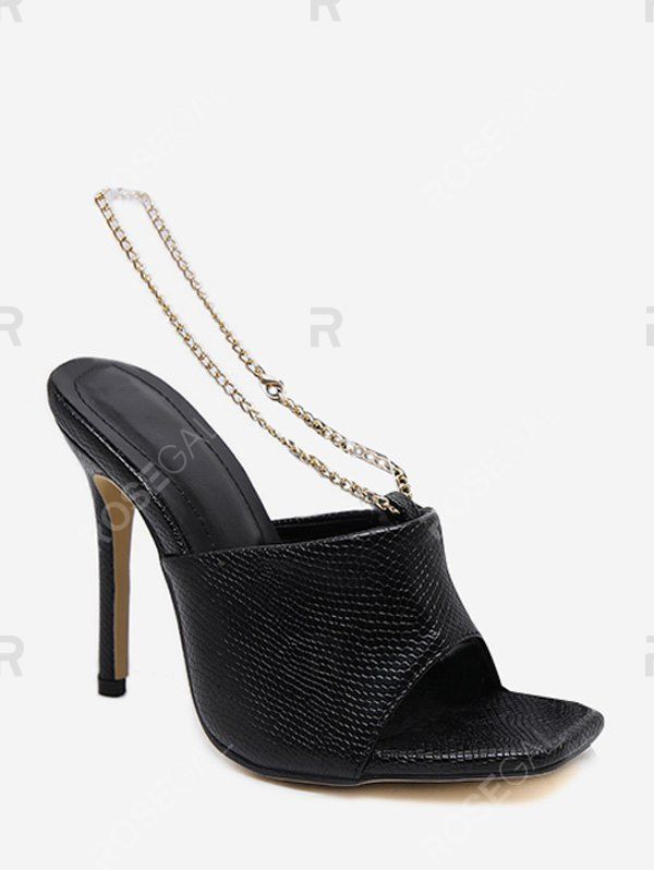 

Metal Chain Leather Super High Heel Sandals, Black