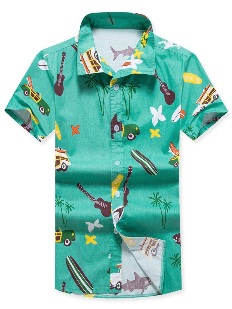 

Guitar Printed Short Sleeves Hawaii Shirt, Macaw blue green