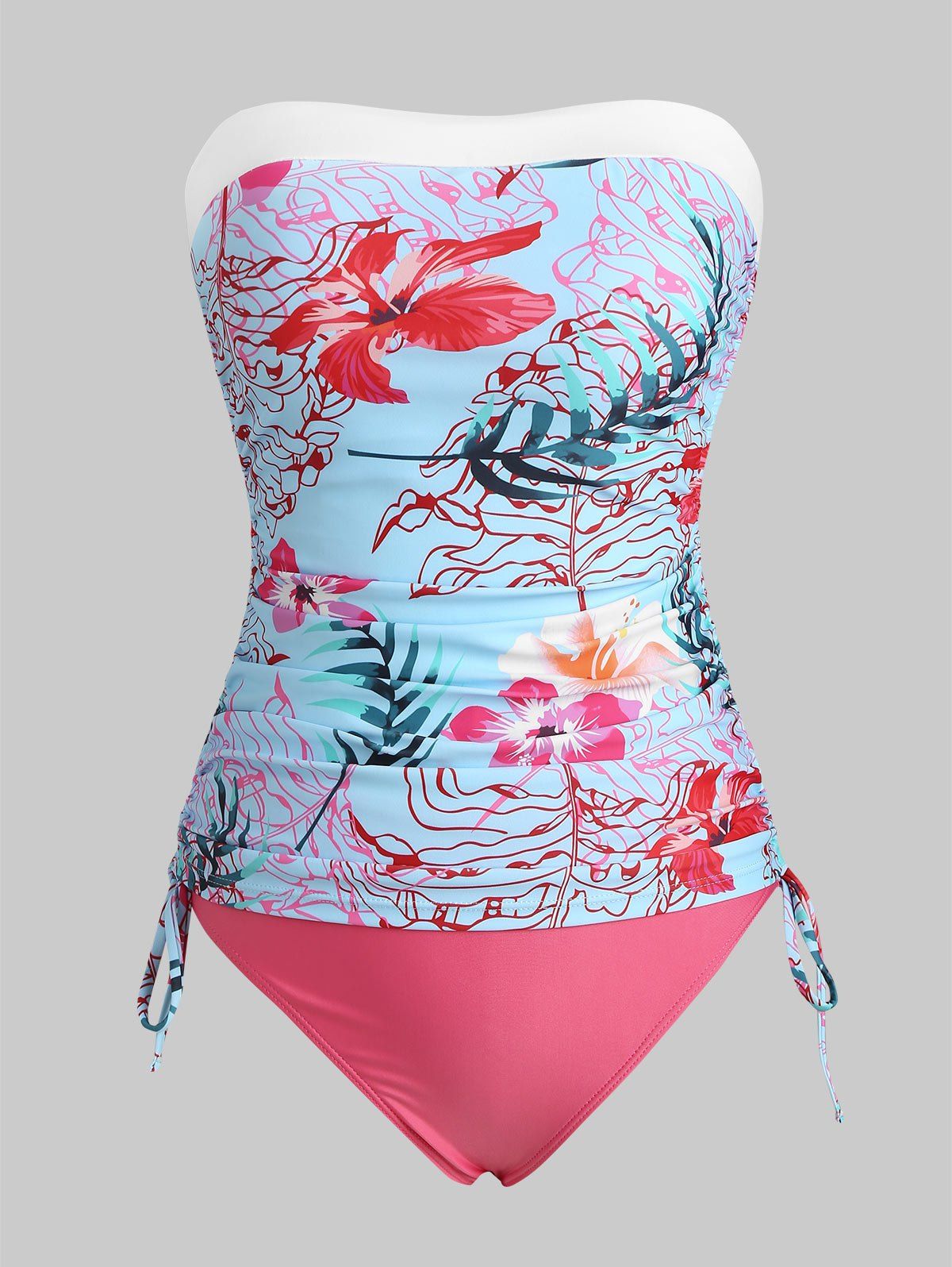 

Floral Leaf Side Cinched Ruched Tankini Swimwear, Multi-a
