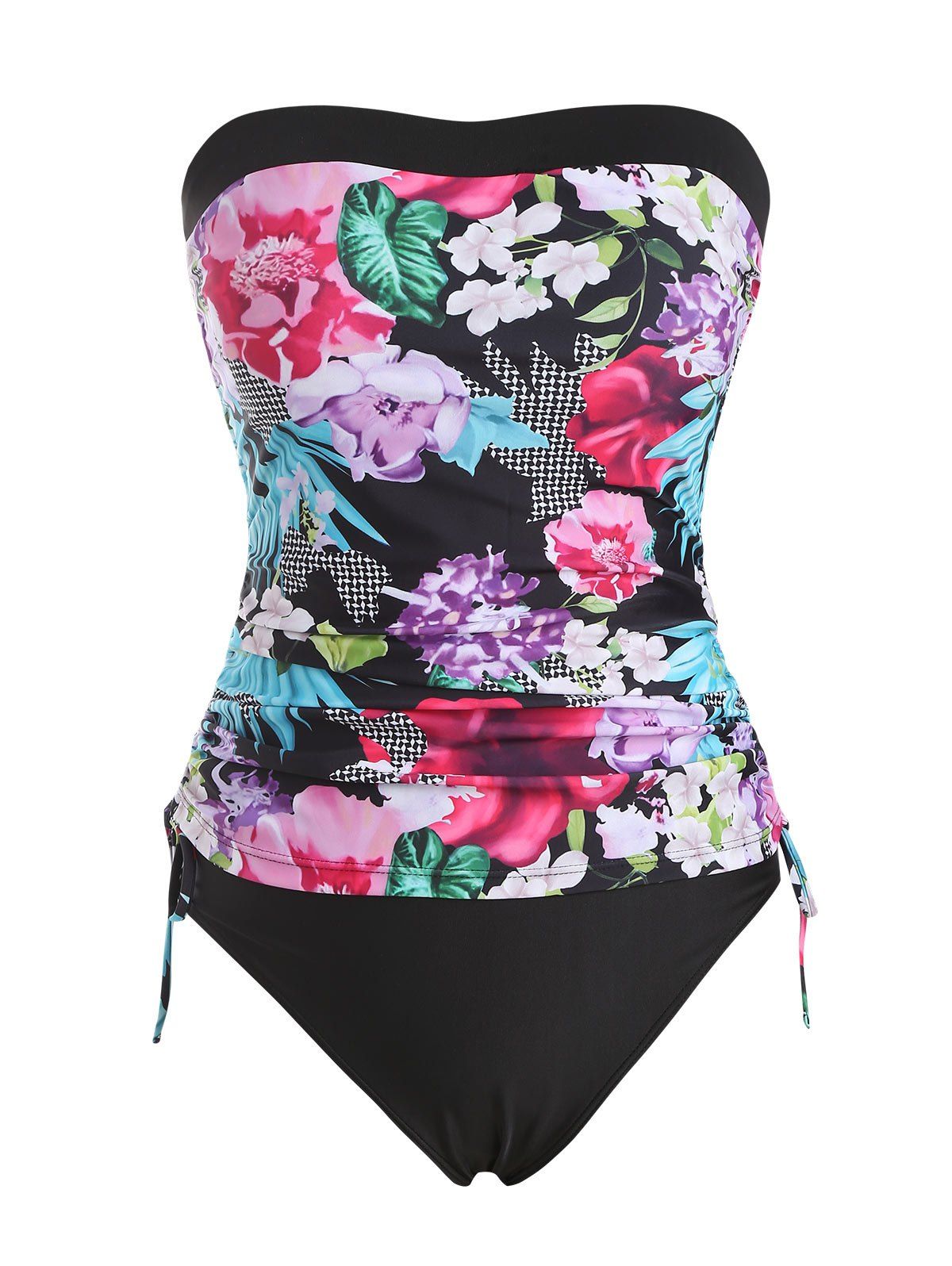 

Floral Leaf Side Cinched Ruched Tankini Swimwear, Multi-b