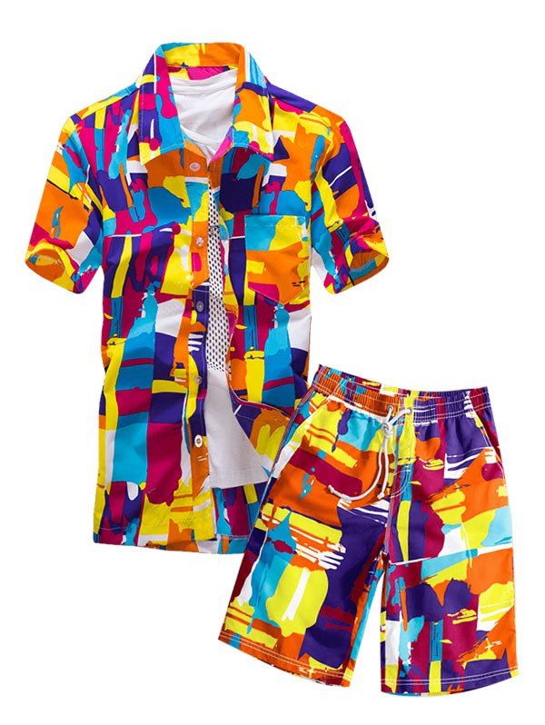 

Colorful Geometric Print Pocket Shirt and Shorts, Multi-a