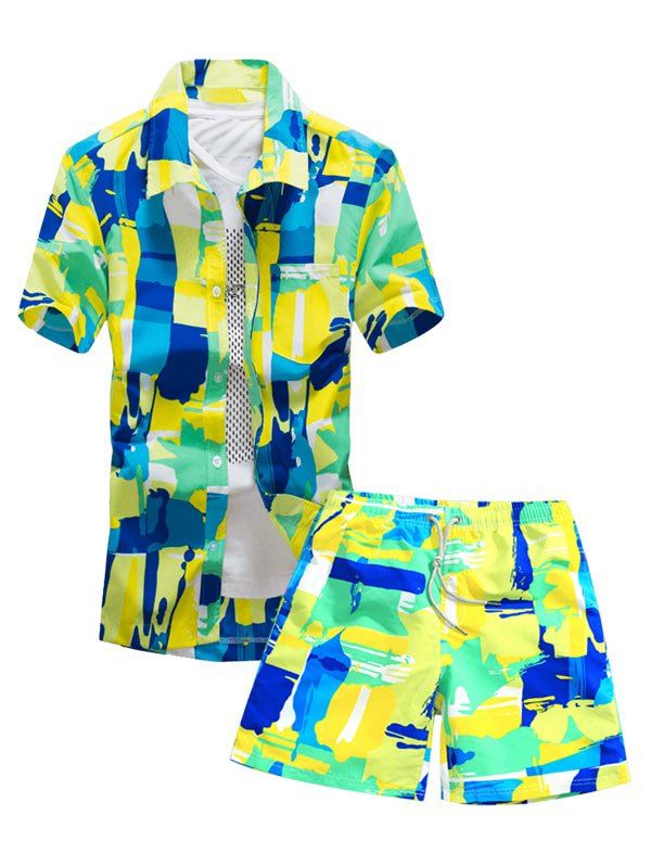 

Colorful Geometric Print Pocket Shirt and Shorts, Multi-b