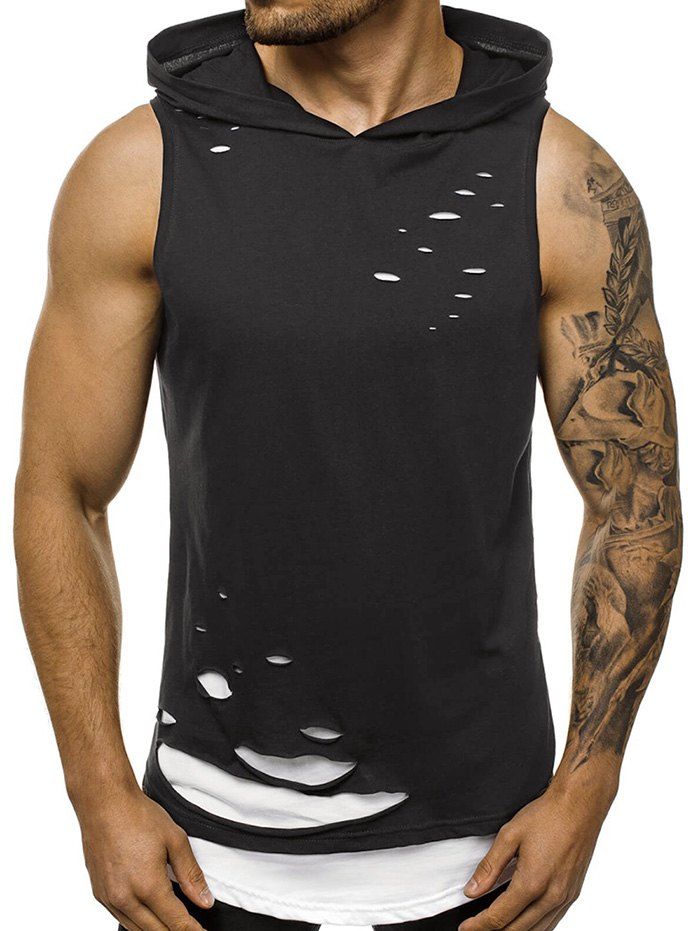 

Two Tone Distressed Hooded Tank Top, Black