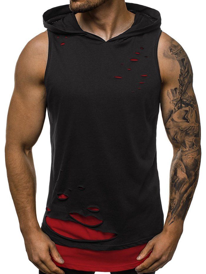 

Two Tone Distressed Hooded Tank Top, Red