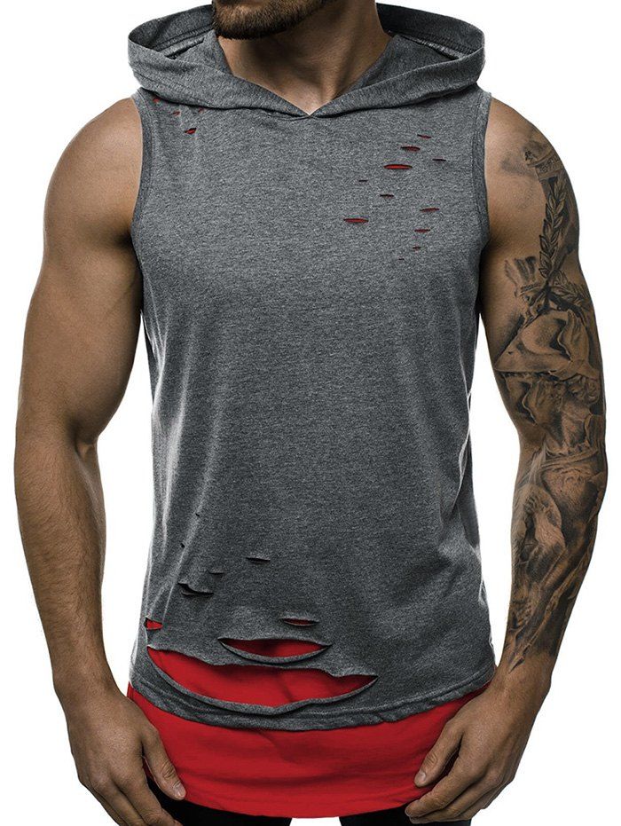 

Two Tone Distressed Hooded Tank Top, Dark gray