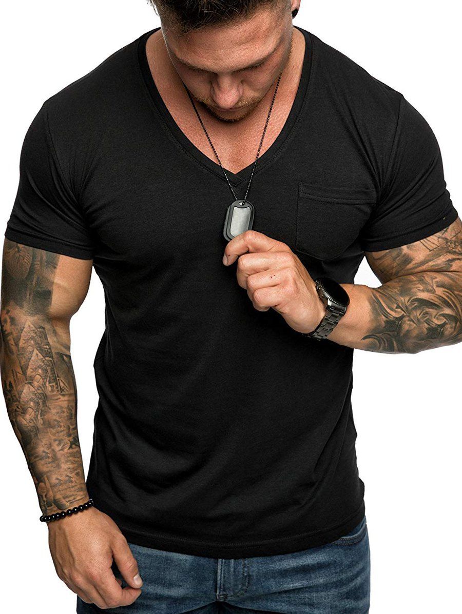 

Plain V Neck Pocket Short Sleeve T Shirt, Black