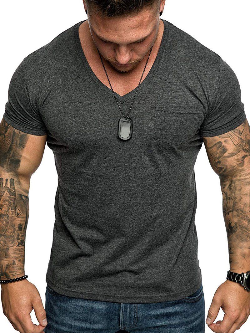 

Plain V Neck Pocket Short Sleeve T Shirt, Dark gray