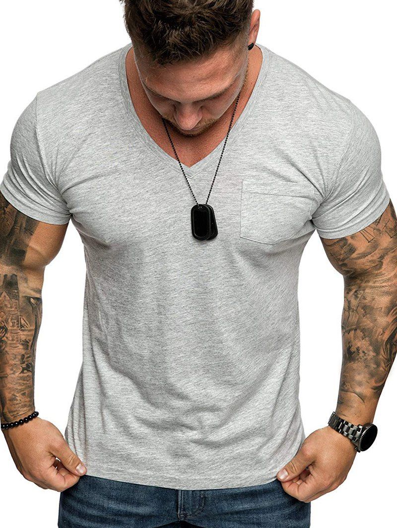 

Plain V Neck Pocket Short Sleeve T Shirt, Light gray