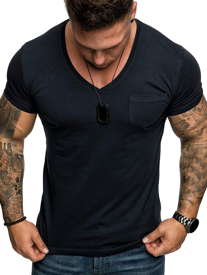 

Plain V Neck Pocket Short Sleeve T Shirt, Cadetblue