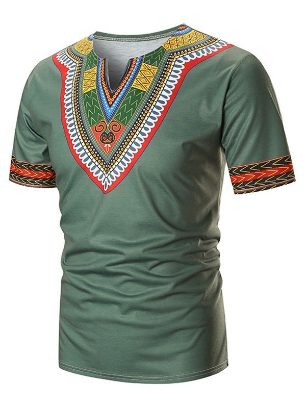 

Ethnic Chervon Printed Short Sleeves T Shirt, Green