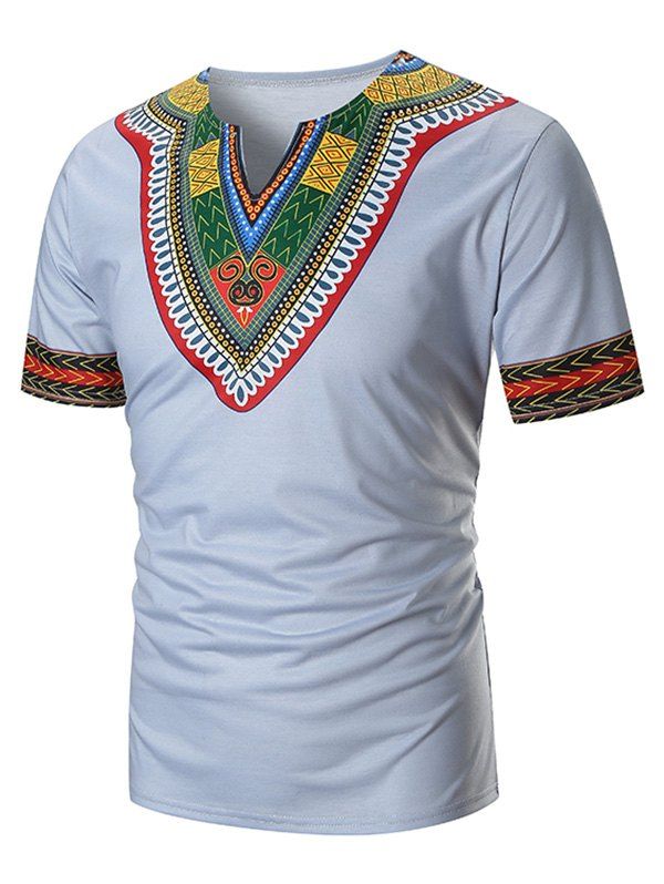 

Ethnic Chervon Printed Short Sleeves T Shirt, Light gray