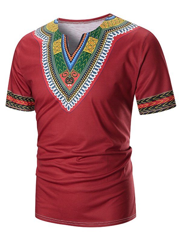 

Ethnic Chervon Printed Short Sleeves T Shirt, Red
