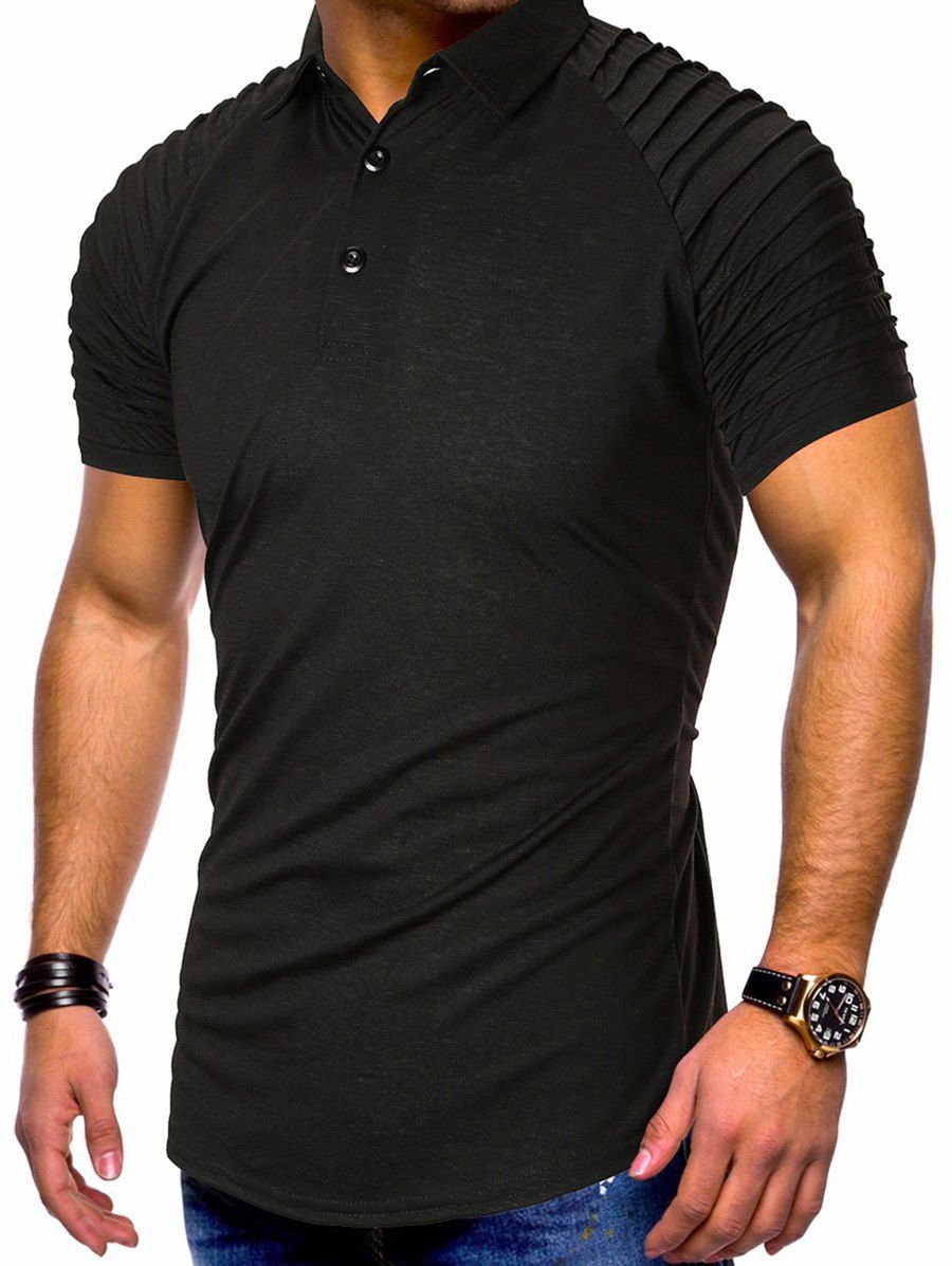 

Pure Color Pleated Shoulder Half Button T-shirt, Black