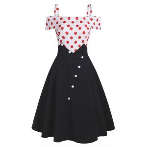 

Polka Dot Button Embellished Open Shoulder Dress, Black