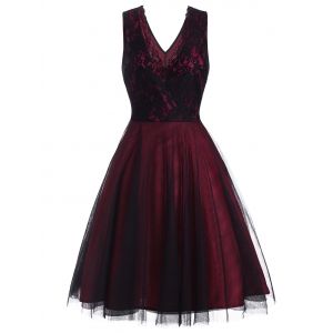 

Lace Overlay Surplice Party Dress, Red wine
