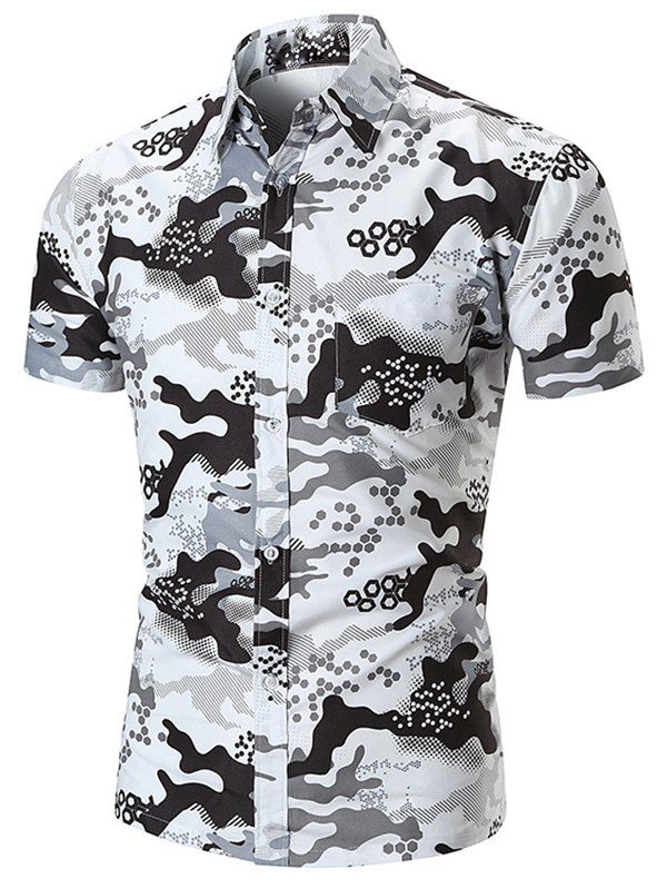 

Camo Geometric Print Short Sleeves Shirt with Pocket, White