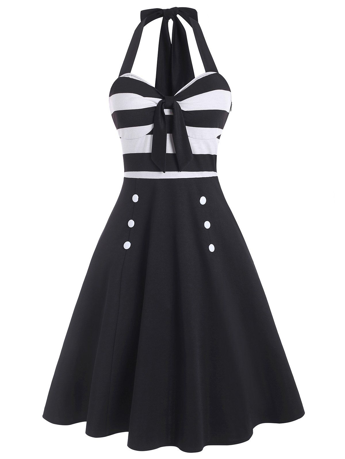 

Striped Button Embellished Halter Open Back Dress, Black